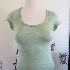 [Airport] Green Knit Tee Silver Metallic Stripes